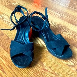Crocs Black wedge. “DUAL CROCS COMFORT” size women’s 10